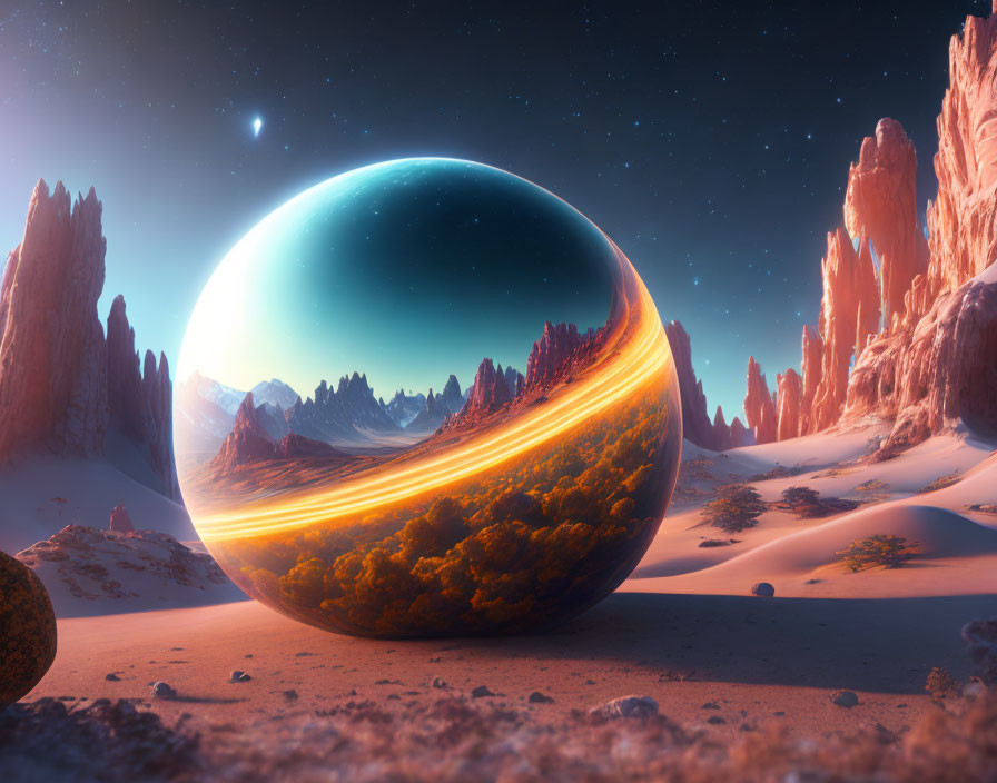 Surreal landscape with reflective sphere in alien desert