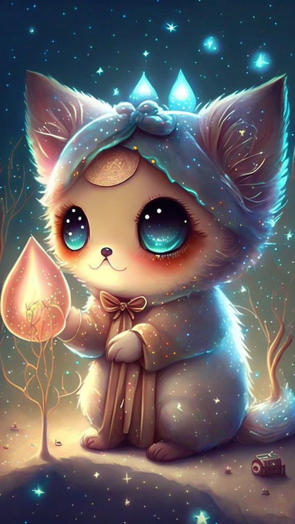 Adorable kitten in blue costume with magical plant and starry background