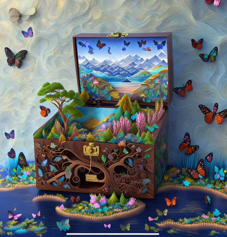 Detailed 3D illustration of ornate open treasure chest with vibrant landscape and butterflies