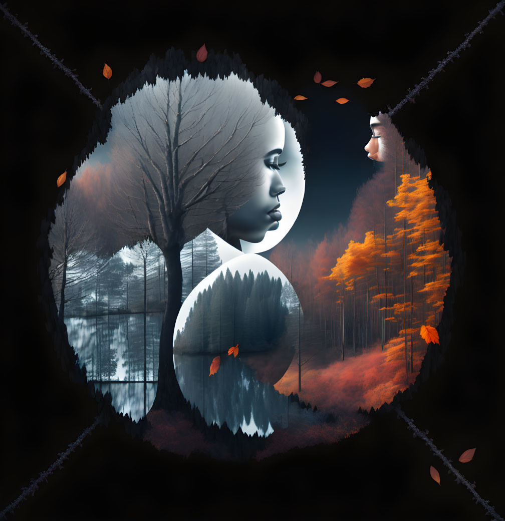 Surreal artwork: Man and woman silhouettes blend with winter to autumn forest