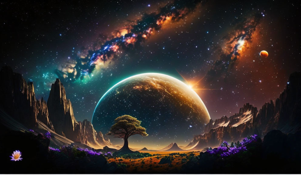 Colorful cosmic landscape with tree, mountains, and planet under star-filled sky