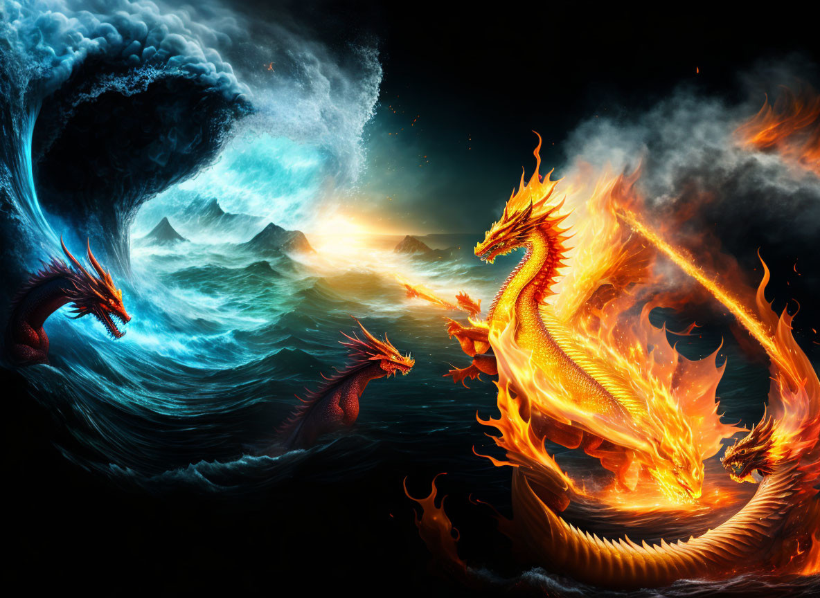 Artwork: Fire and Water Dragons Battle in Cosmic Scene