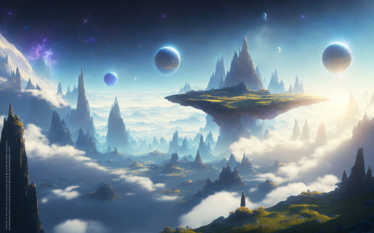 Surreal landscape with floating islands and celestial backdrop