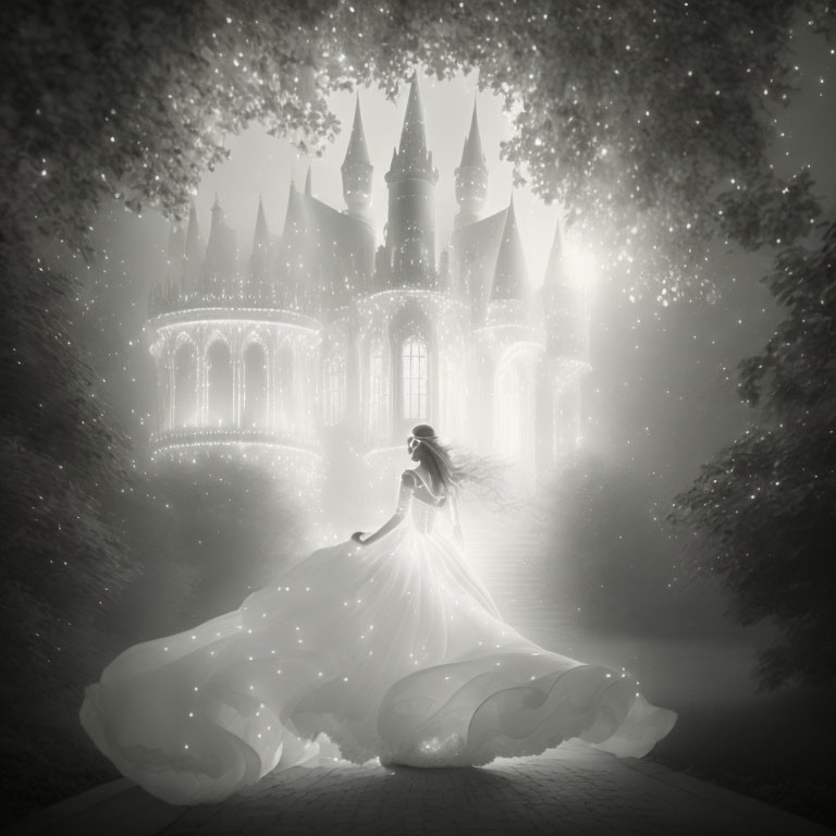 Monochromatic fantasy illustration of person in flowing dress before gothic castle