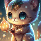 Adorable kitten in blue costume with magical plant and starry background