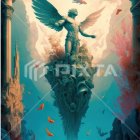 Winged statue with headdress on cliff in turquoise light