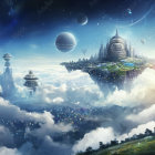 Surreal landscape with floating islands and celestial backdrop