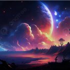 Fantasy landscape with sailing ship on calm lake, mountains, starry sky, large planets