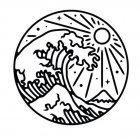 Monochrome circular illustration: stylized sun, stars, wave over mountains