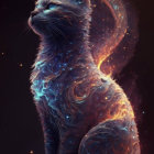 Majestic blue cat with swirling flame patterns on dark background