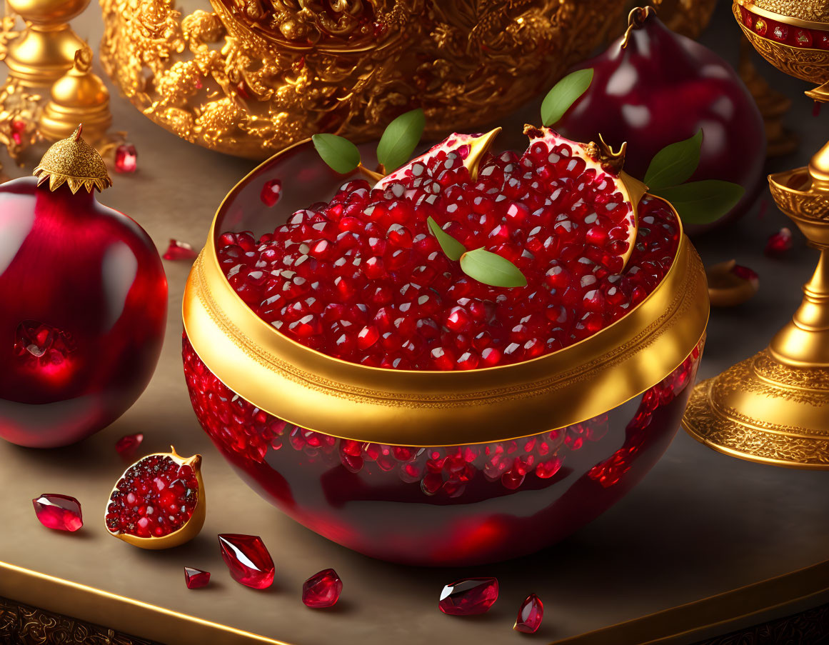 Luxurious Golden Bowl with Pomegranate Seeds and Ornate Gold Vessels