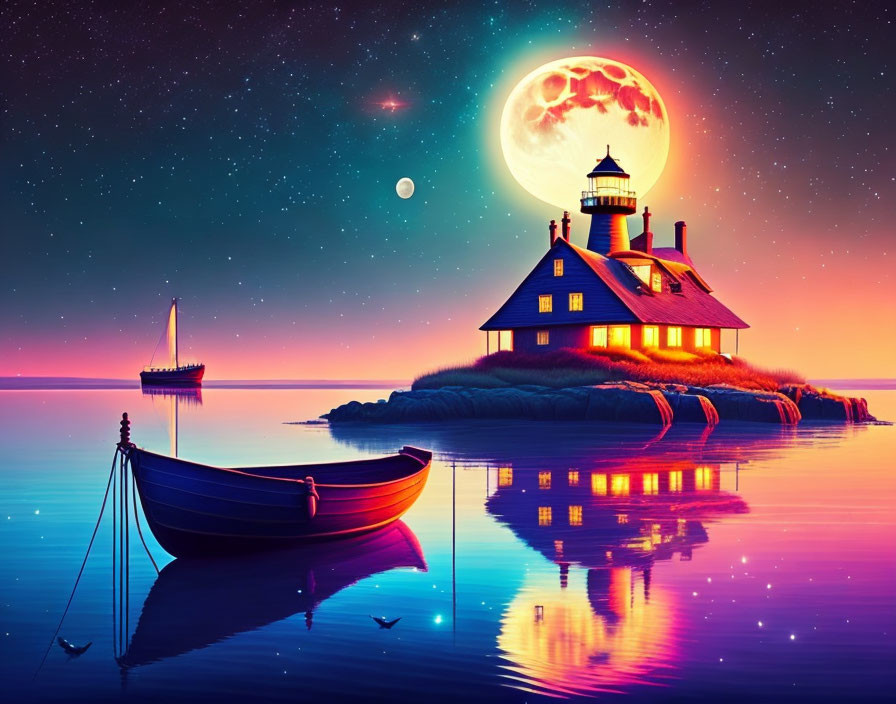 Colorful coastal night scene with lighthouse, boat, moon, and stars