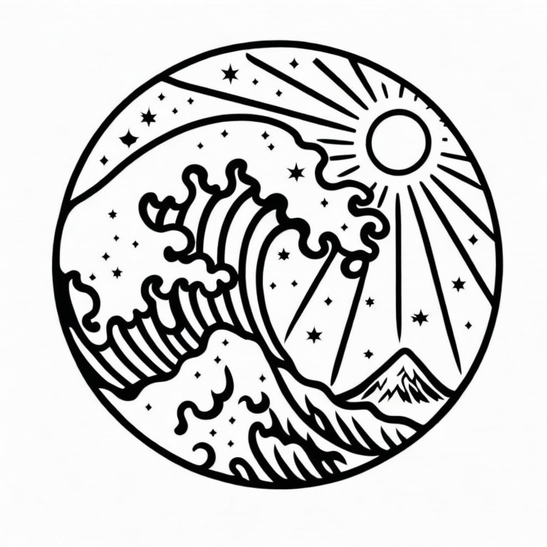 Monochrome circular illustration: stylized sun, stars, wave over mountains