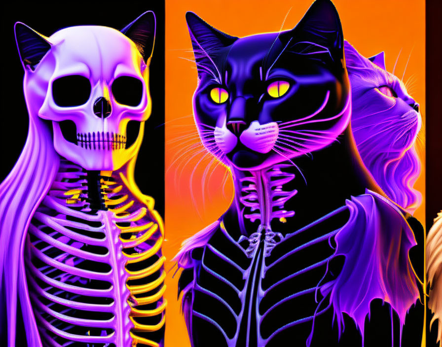 Detailed artistic composition of human and cat skeletons with purple accents on orange backdrop