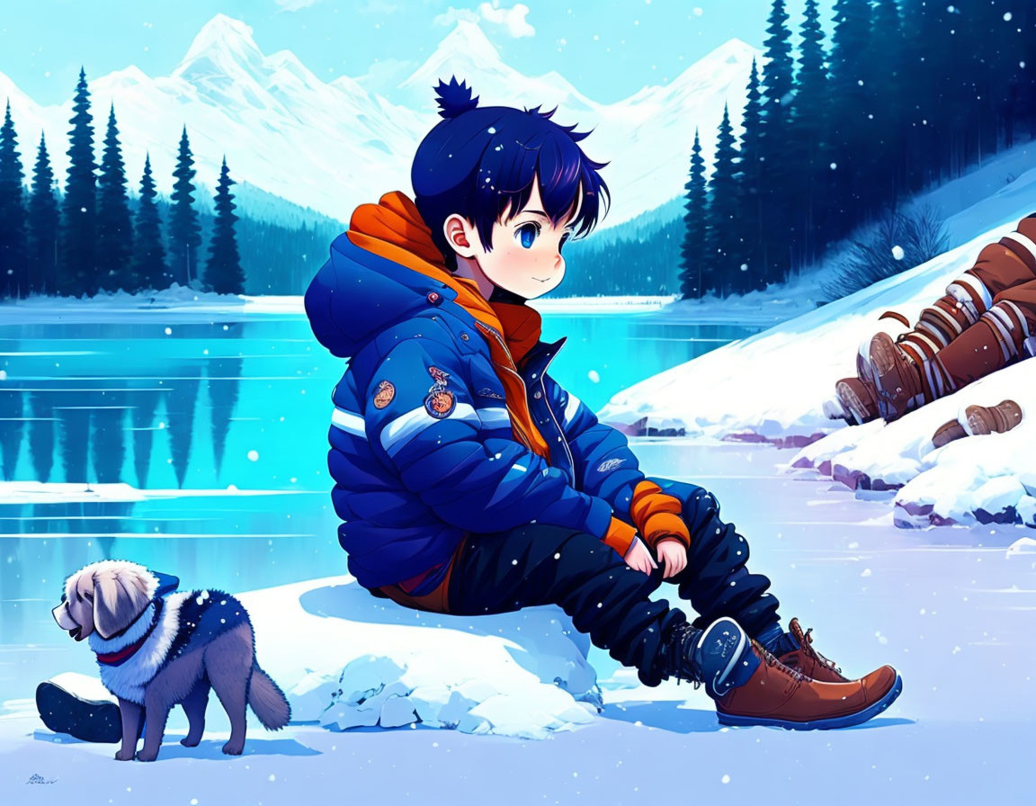 Person in Blue Jacket with Dog by Icy Lake and Snowy Mountains