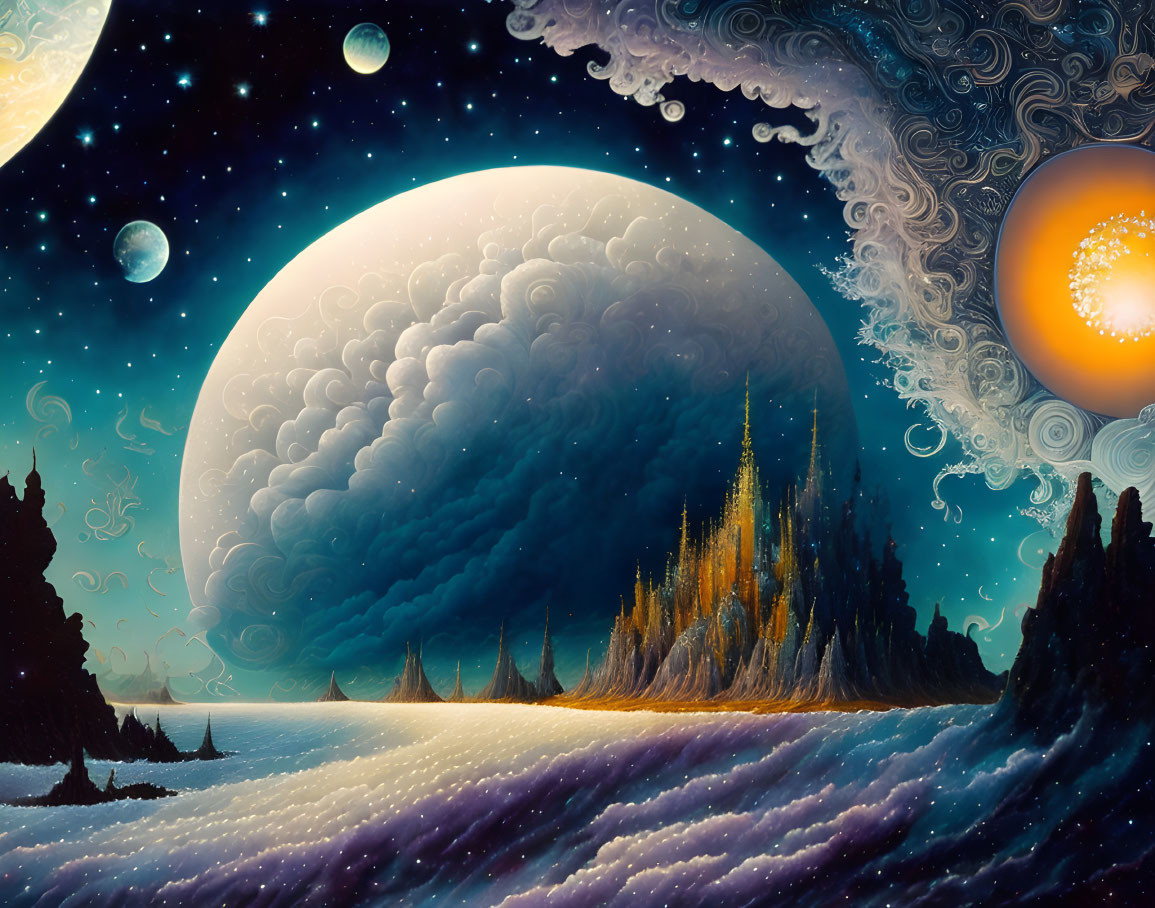 Fantastical landscape with swirling clouds, celestial bodies, glowing sun, and castle atop rocky outcrop