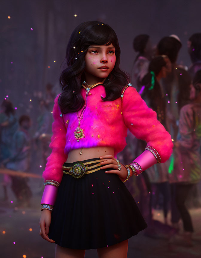 Young girl in pink jacket and black skirt in festive 3D render