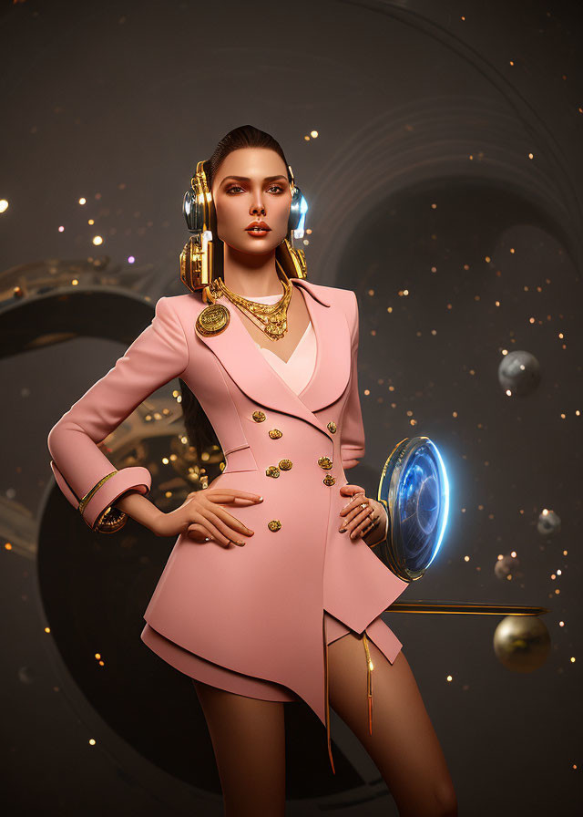 Stylized image of a woman in pink blazer with gold buttons and futuristic accessories