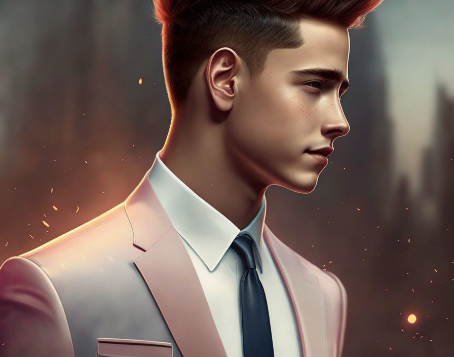 Illustrated profile portrait of young man in suit with slicked-back hair against city backdrop.