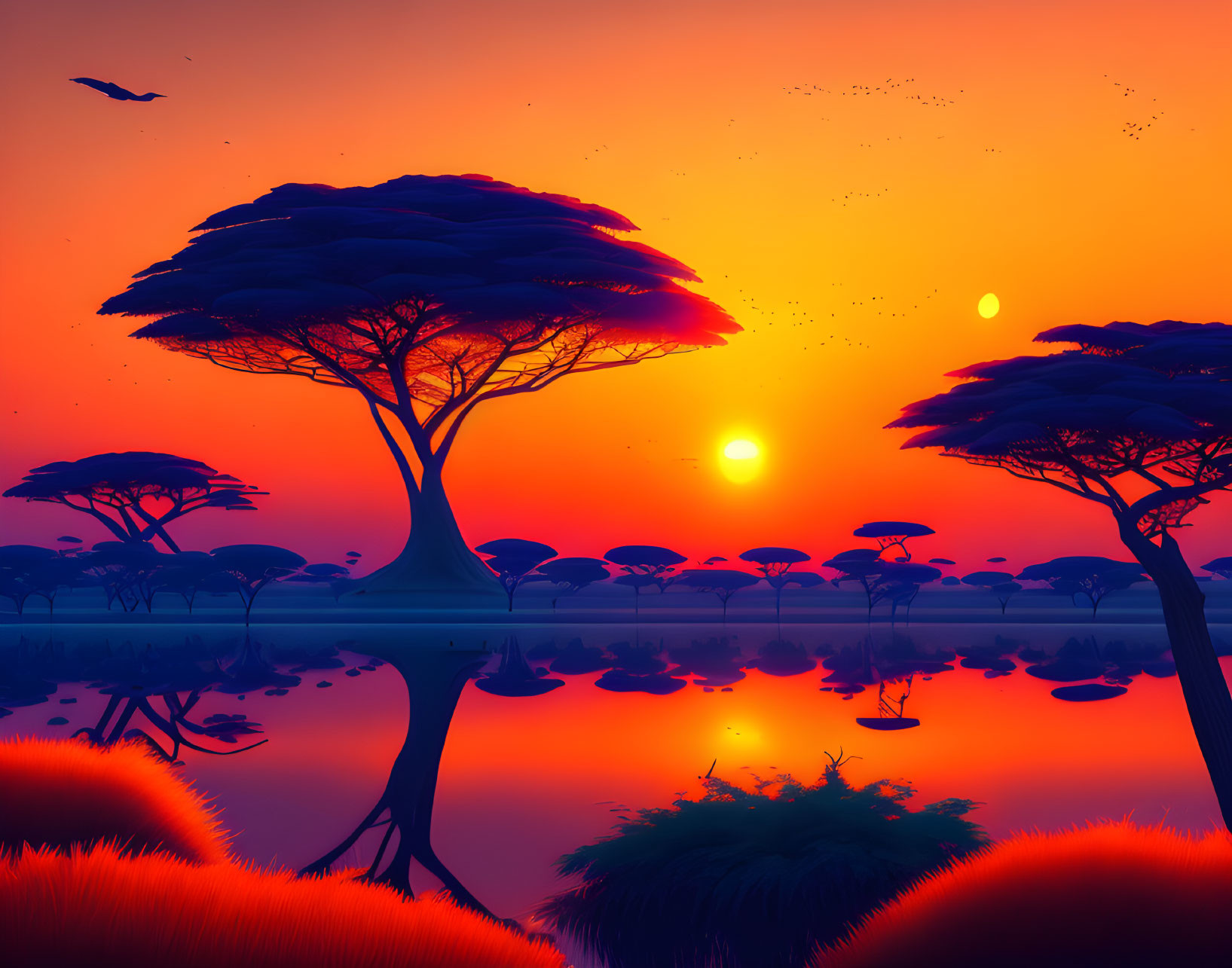 African Savanna Sunset: Acacia Trees, Birds, and Fiery Sky