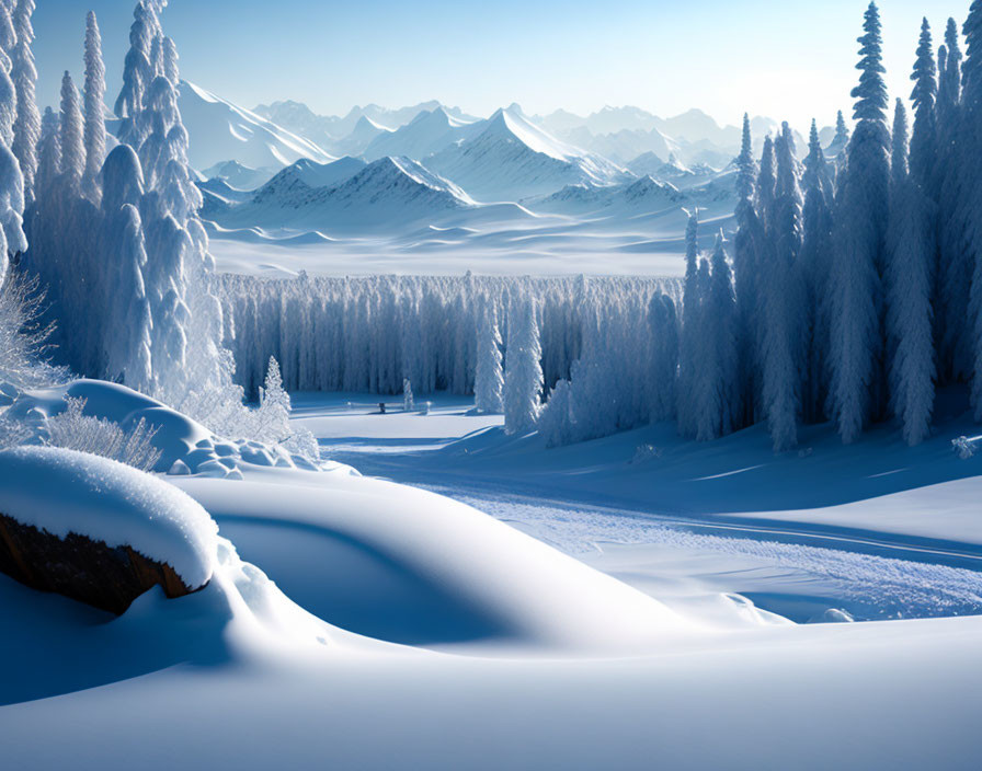 Snow-covered trees, pristine snow drifts, and distant mountain peaks in a serene winter landscape