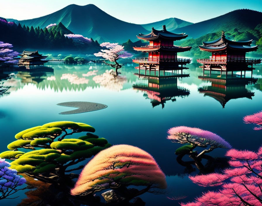 Colorful Asian architecture with water, trees, and mountains