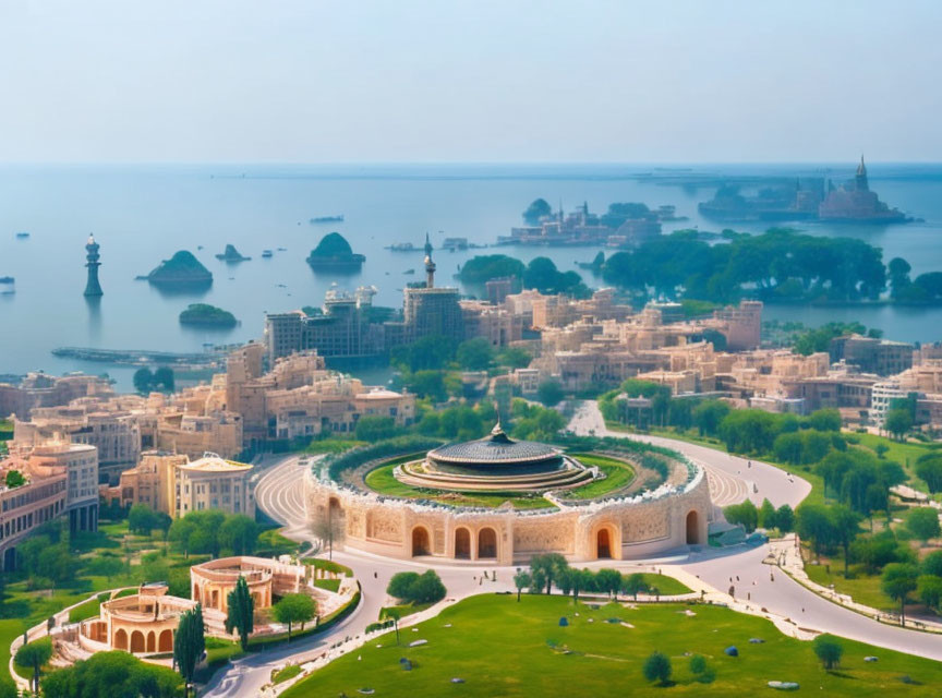 Circular Structure with Pathways Surrounded by Greenery and Cityscape View