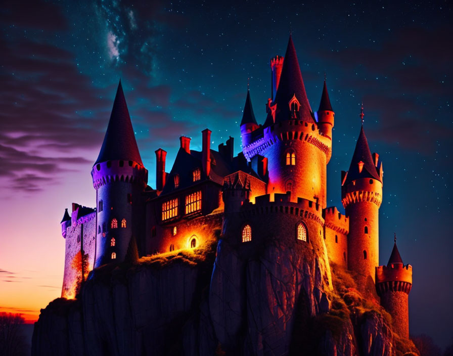 Majestic castle on high rock cliff under starry twilight sky