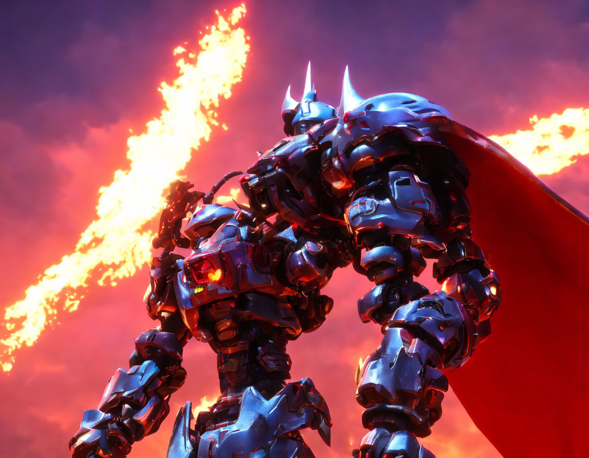 Armored robot with cape in fiery sky symbolizes strength