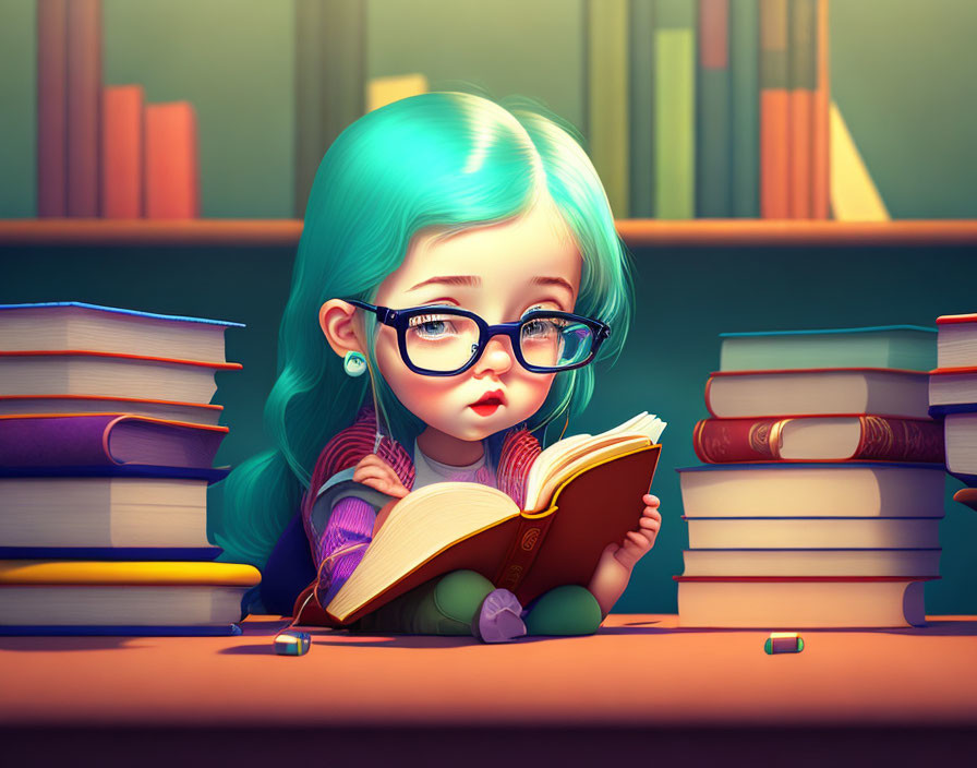 Stylized animated girl with blue hair and glasses reading among tall book stacks