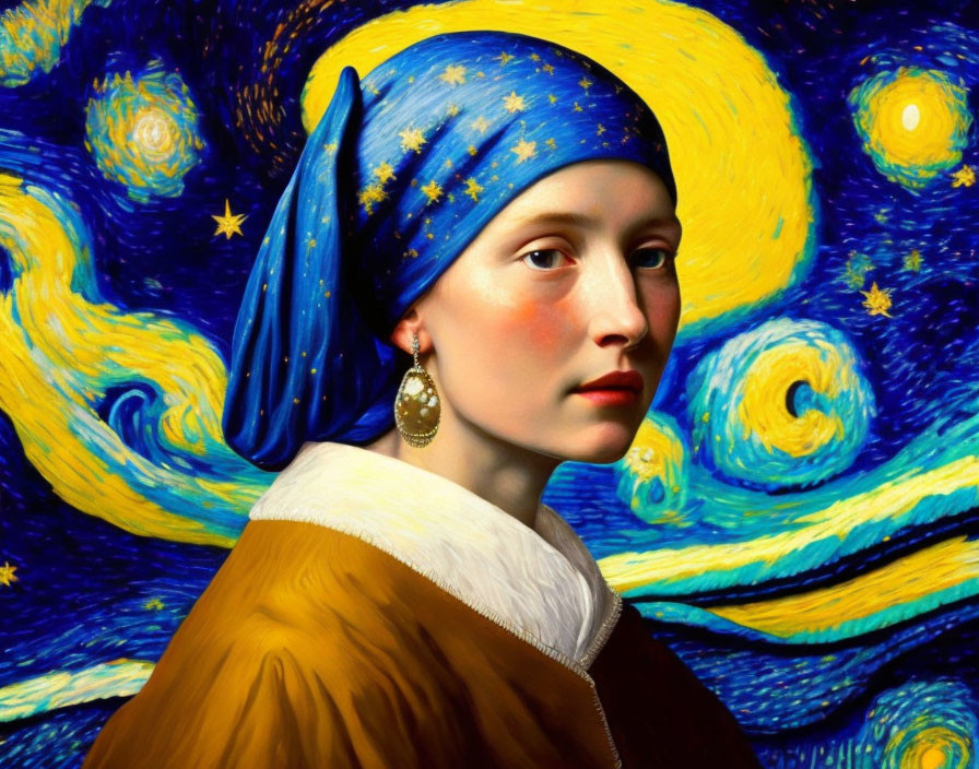 Portrait of woman in classical attire with starry night sky background.