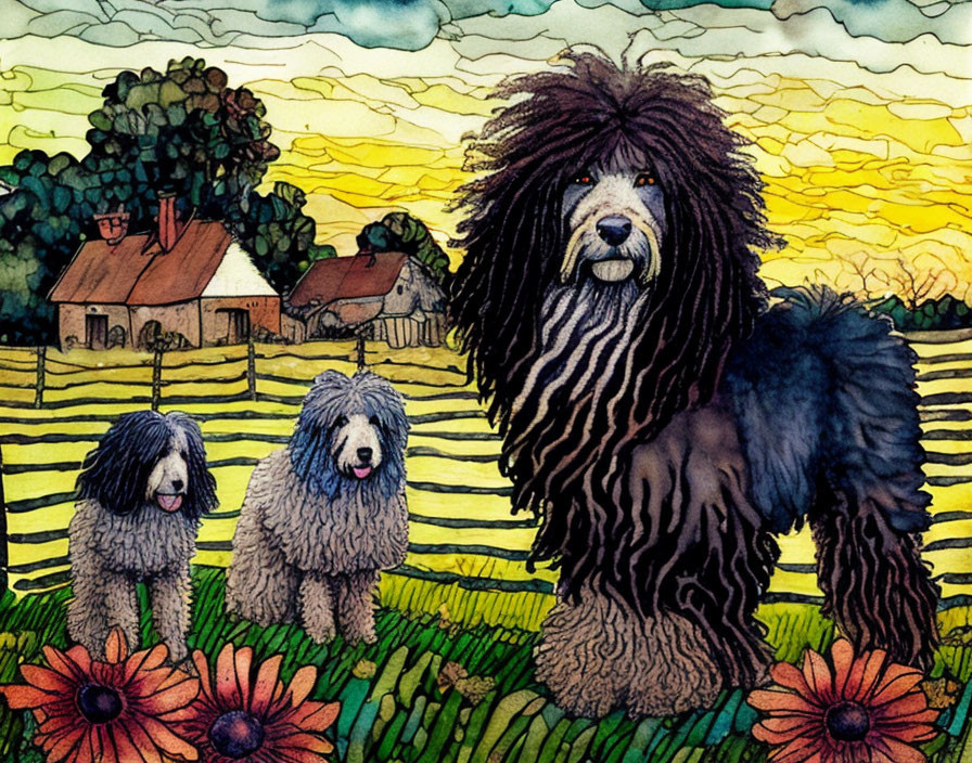 Three shaggy dogs in colorful countryside with flowers, houses, and cloud-streaked sky.