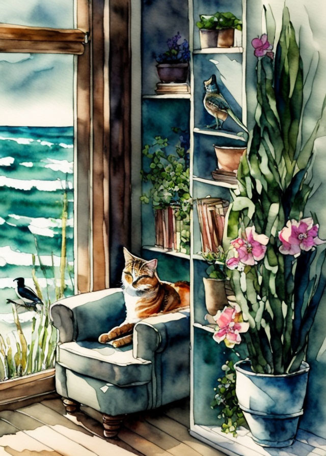 Tranquil watercolor: Cat on chair by sea-view window