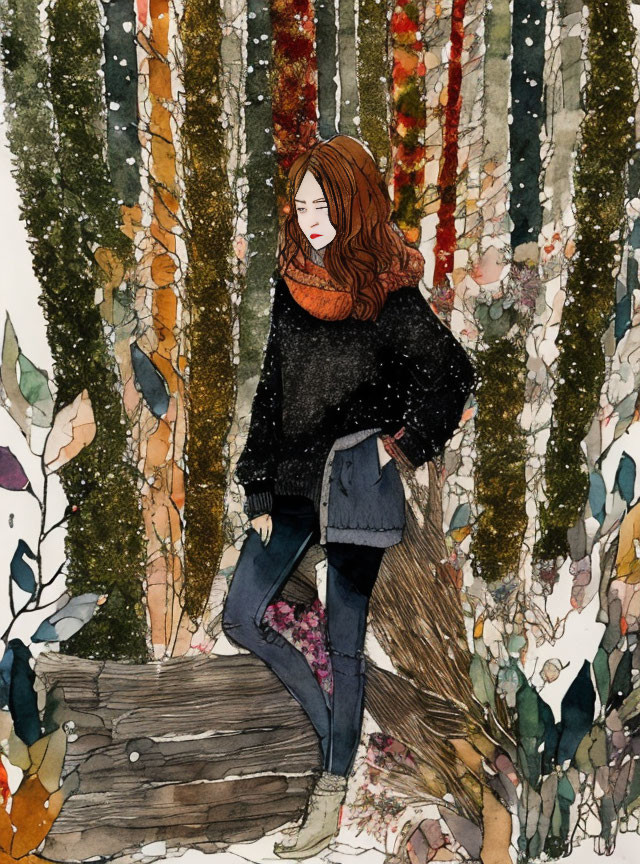 Auburn-haired woman in black sweater and scarf in whimsical forest scene