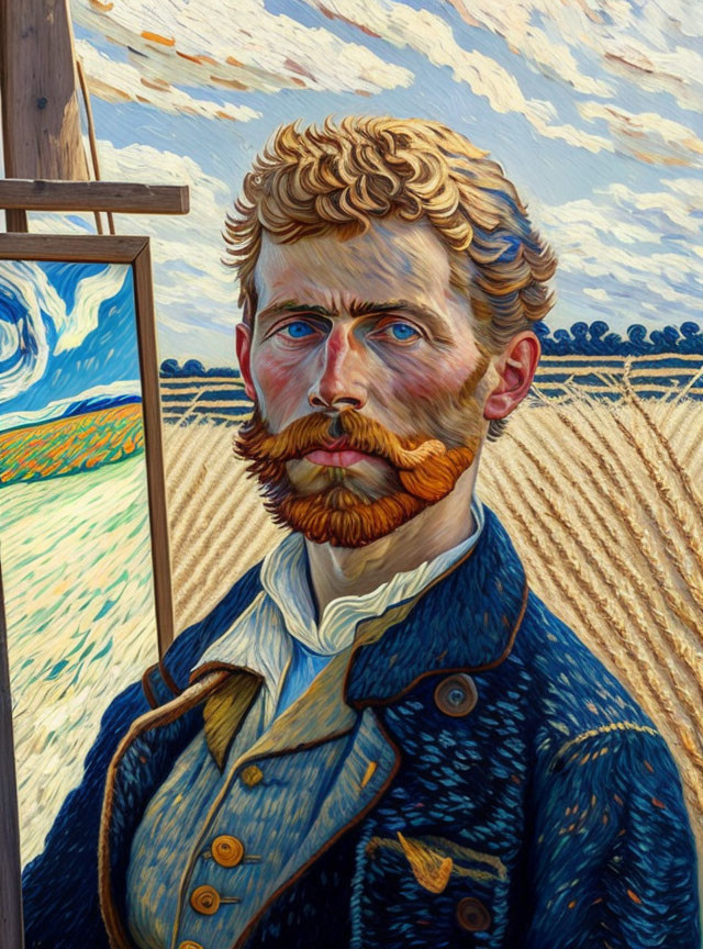 Vincent van Gogh-style digital artwork: self-portrait of bearded man with piercing eyes in