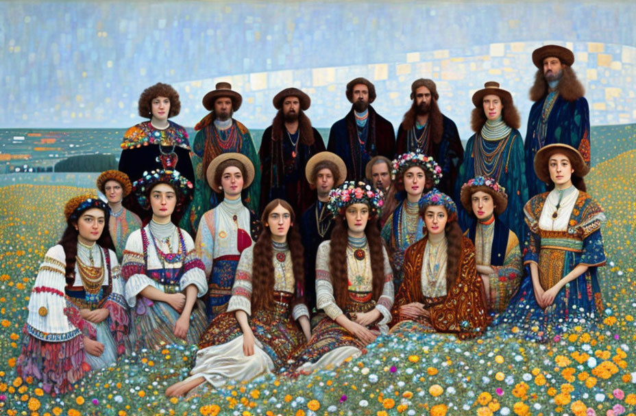 Traditional Slavic attire group photo in flower-filled meadow