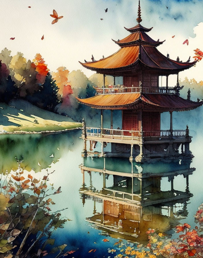 Asian-style pavilion on tranquil lake with autumn trees