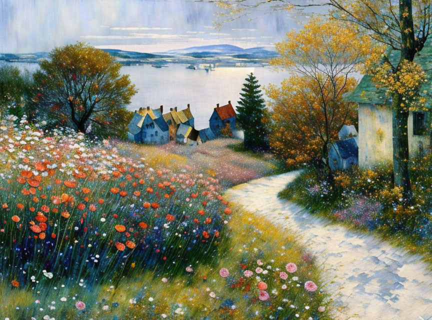 Vibrant flower-filled meadow with path to village by the sea