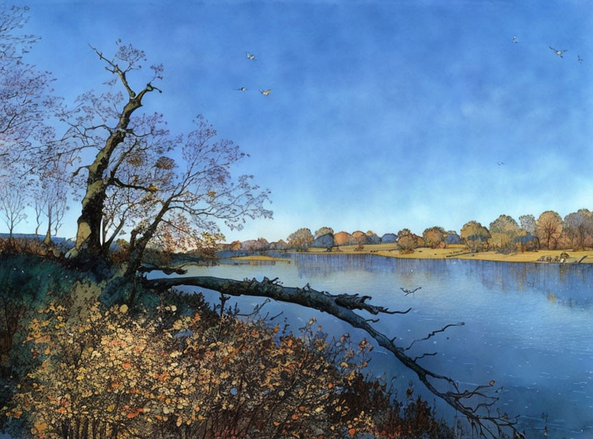 Tranquil lake scene with birds, leafless tree, and colorful foliage