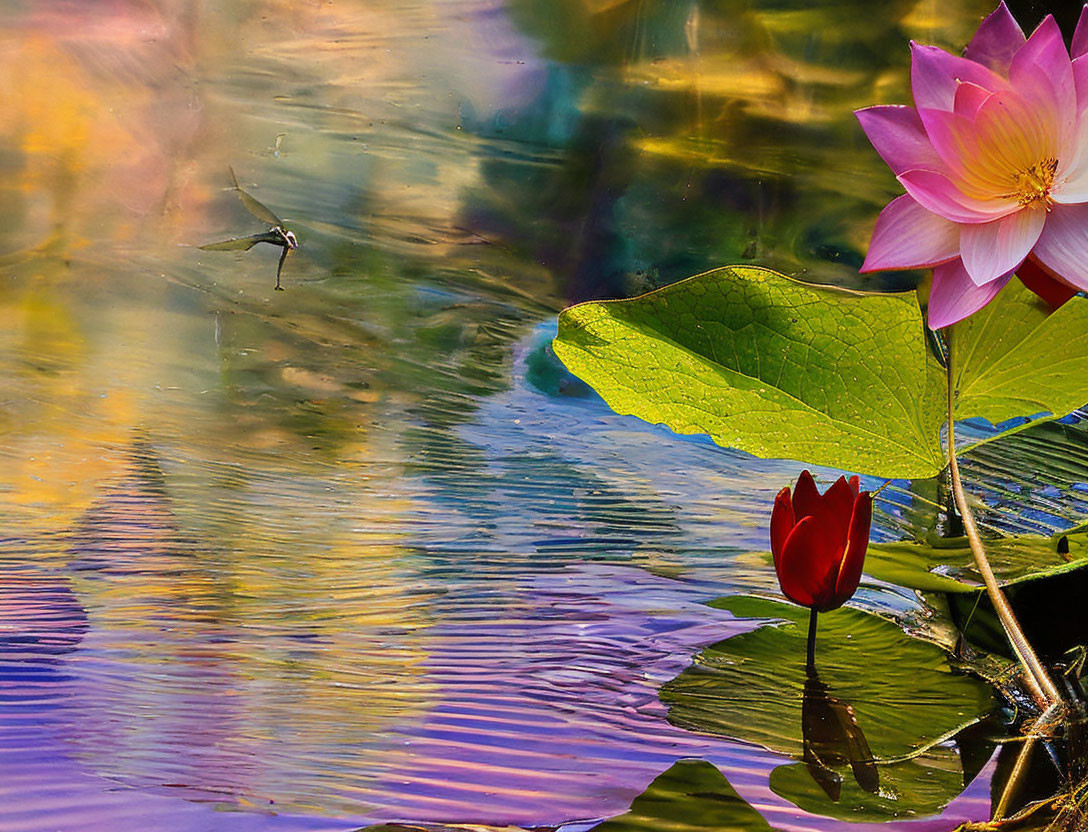 Colorful water lily with dragonfly near blossom on rippled water surface