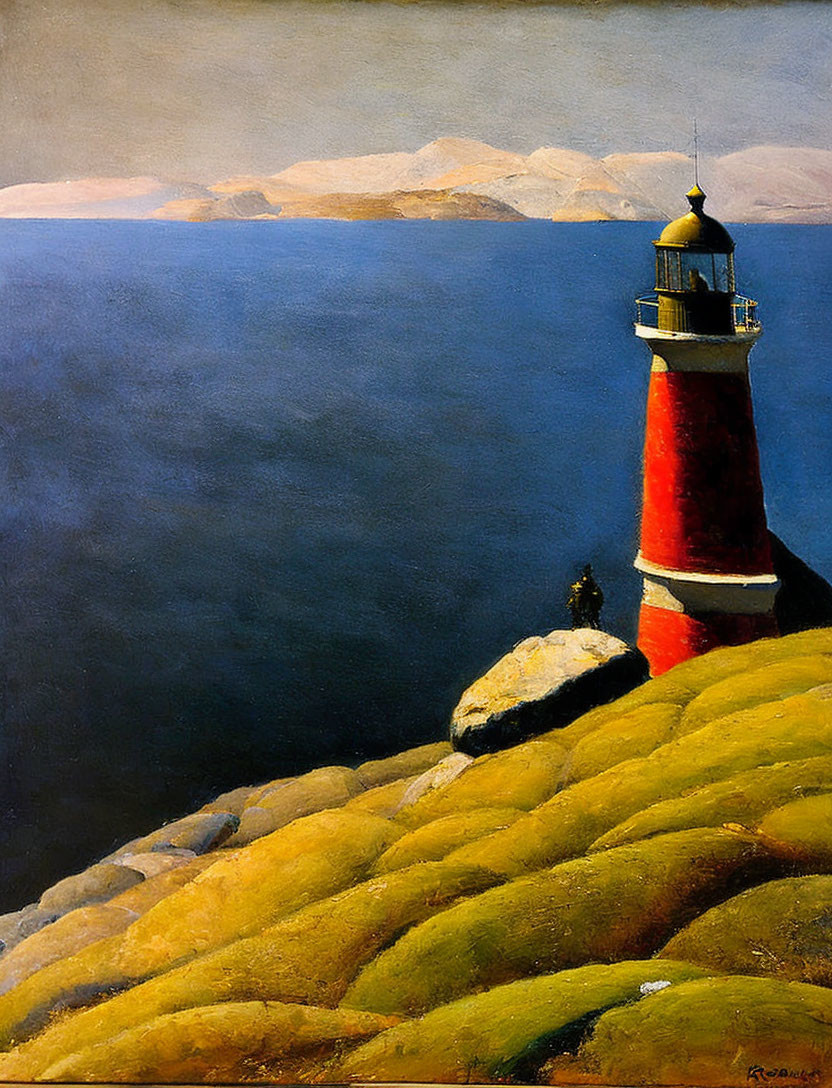 Red lighthouse painting on grassy coastline by tranquil sea