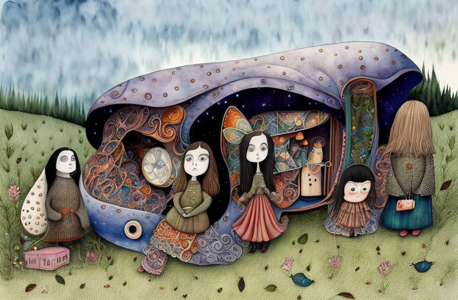 Whimsical snail-shaped house with cosmic design and stylized characters in pastoral setting