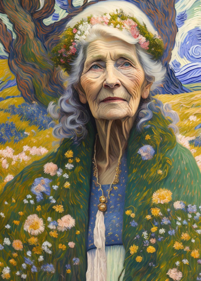 Elderly woman in floral crown and green shawl on blue and yellow backdrop