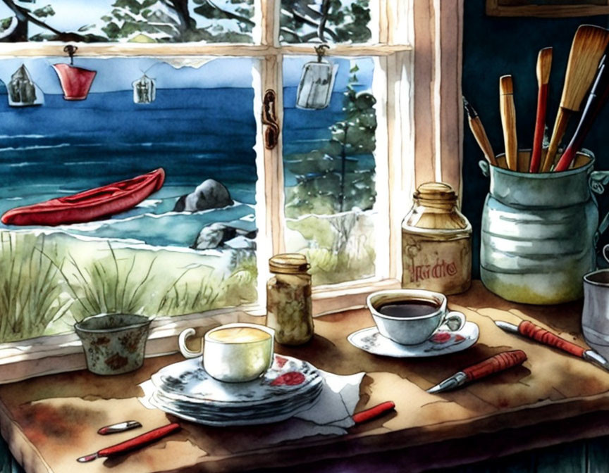 Tranquil artist's nook overlooking serene lake with red boat, cups, and painting supplies