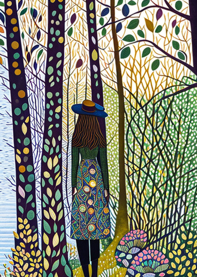 Colorful illustration of person in dress and hat by water and trees