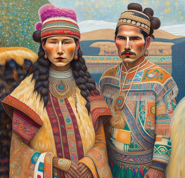 Man and woman in indigenous attire with intricate patterns against mountain backdrop.