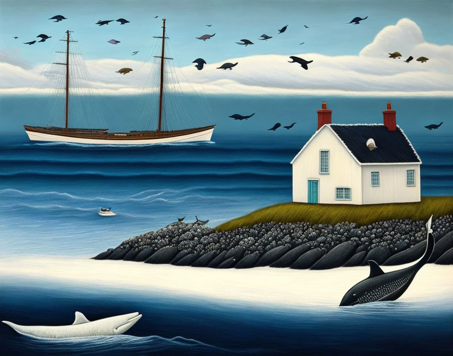 Tranquil seascape with sailing ship, cliff house, birds, whales, and small boat