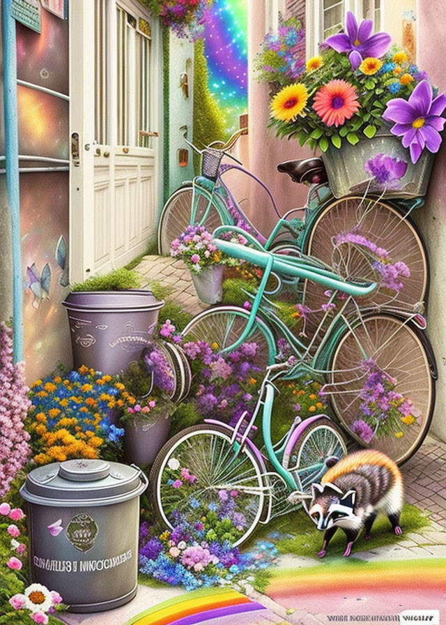 Colorful Alley Scene with Flowers, Bicycle, Garbage Bins, Cosmic Effects, and Racco