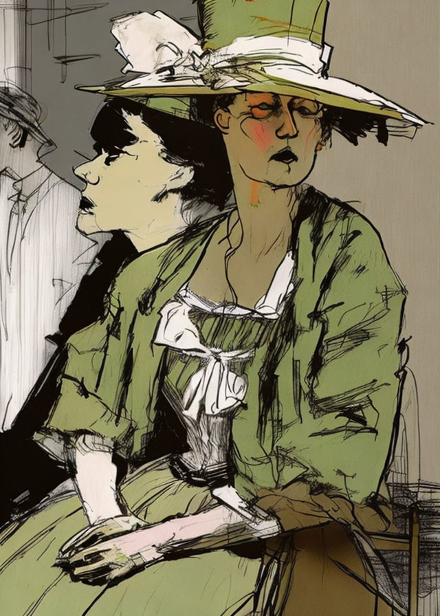 Profile view of woman in green outfit and hat with white ribbon against sketched background