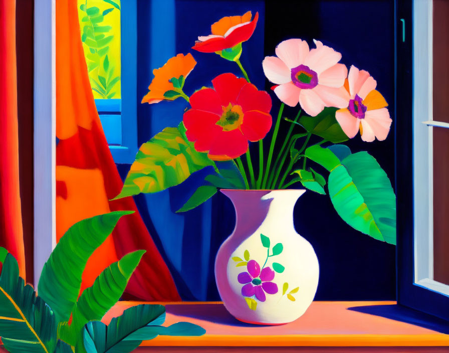 Colorful Flower Vase Painting with Red and Pink Blooms by Window